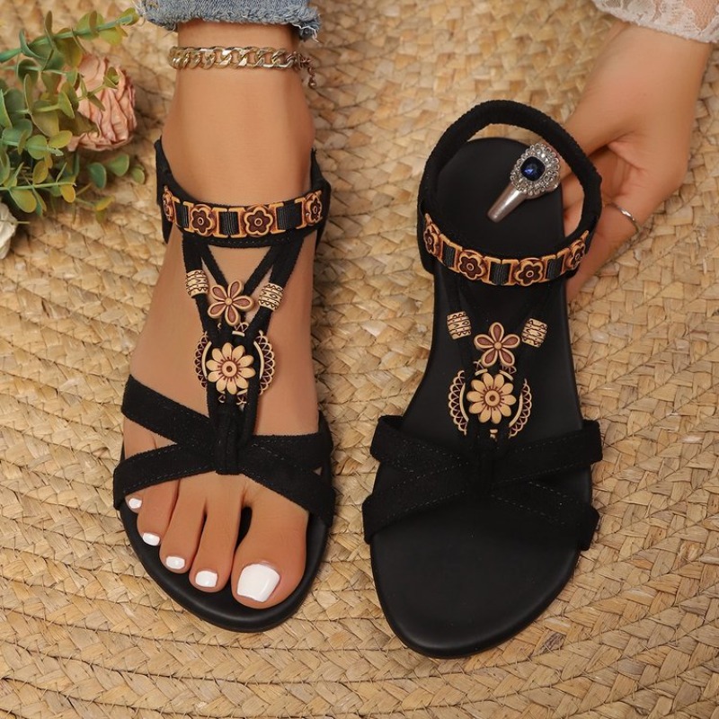 Elastic Waistband Roll - Women Sandals Bohemian Boho T-Strap Floral