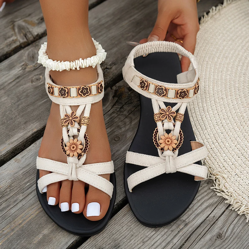 Flower Beaded Bohemian Sandals - Elastic Waistband Roll 리뷰 및 가격