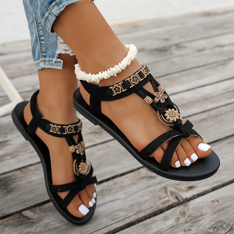 Flower Beaded Bohemian Sandals - Elastic Waistband Roll 리뷰 및 가격